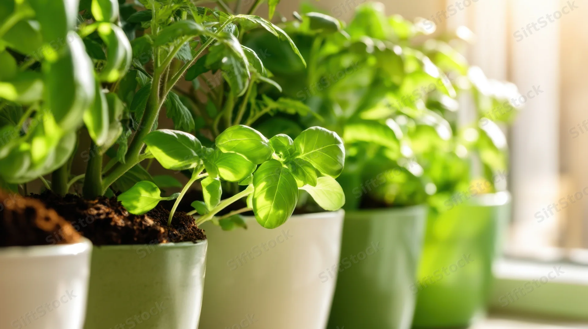 Basil and other herbs growing in ceramic pots on a windowsill indoors