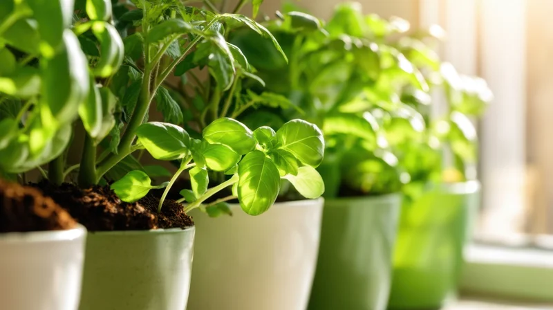 Basil and other herbs growing in ceramic pots on a windowsill indoors