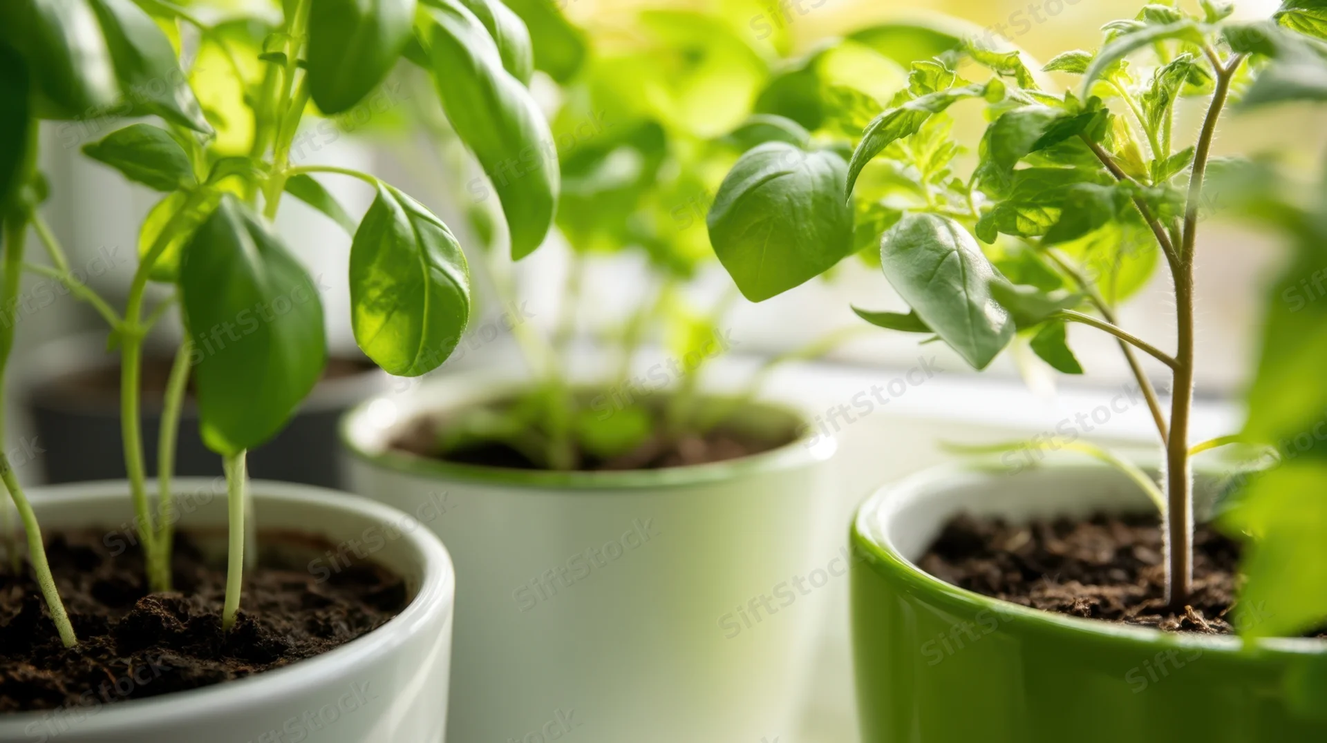 Young herb and vegetable plants growing in white and green ceramic pots on a windowsill indoors