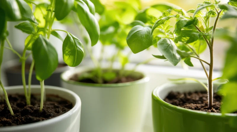 Young herb and vegetable plants growing in white and green ceramic pots on a windowsill indoors
