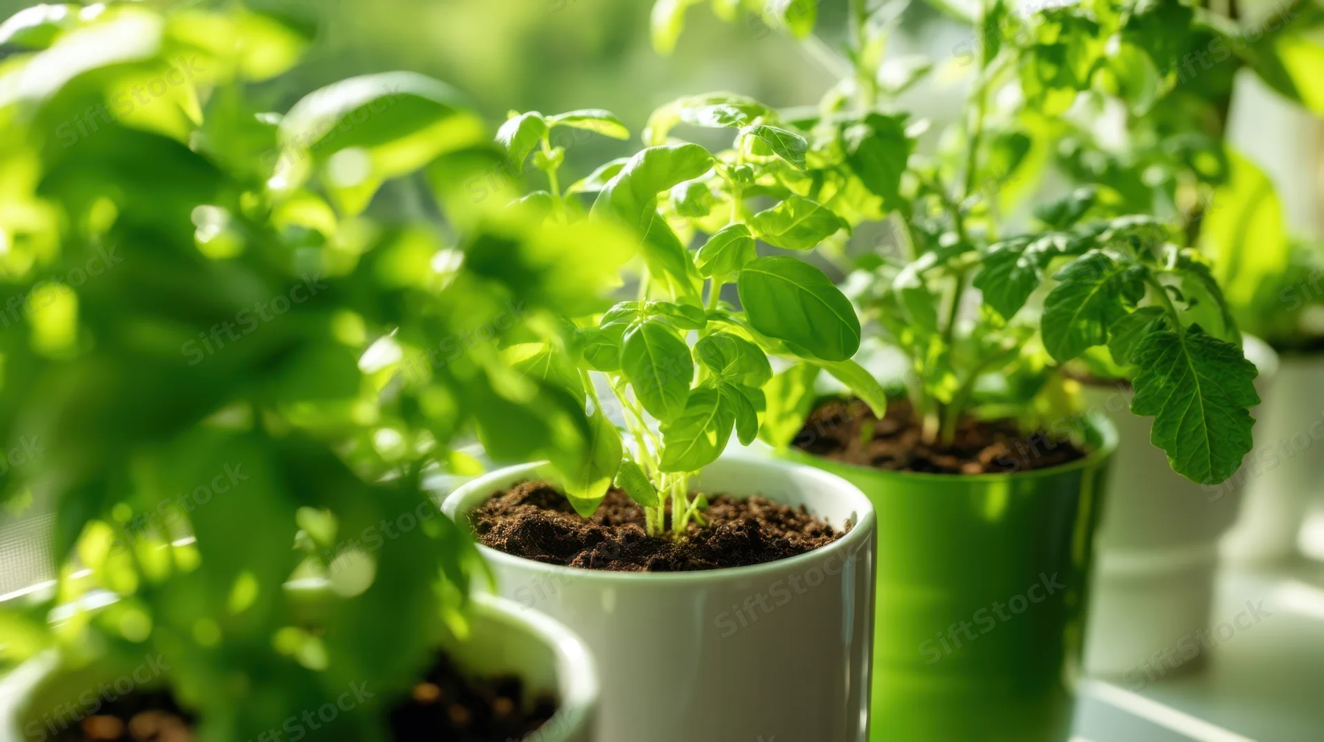 Potted green plants growing in ceramic pots on a windowsill indoors
