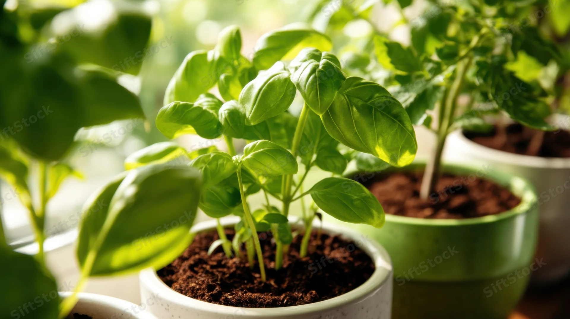 Basil plants growing in ceramic pots on a windowsill indoors