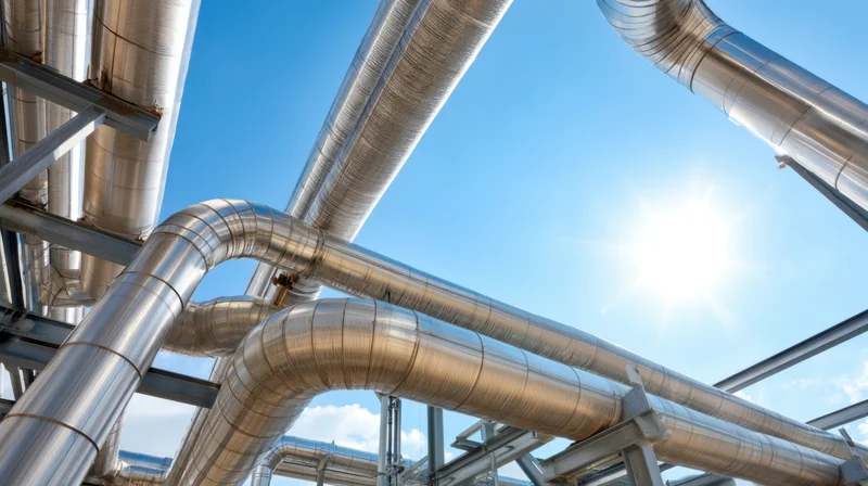Large metal pipes forming an industrial network against a bright blue sky with sun shining through