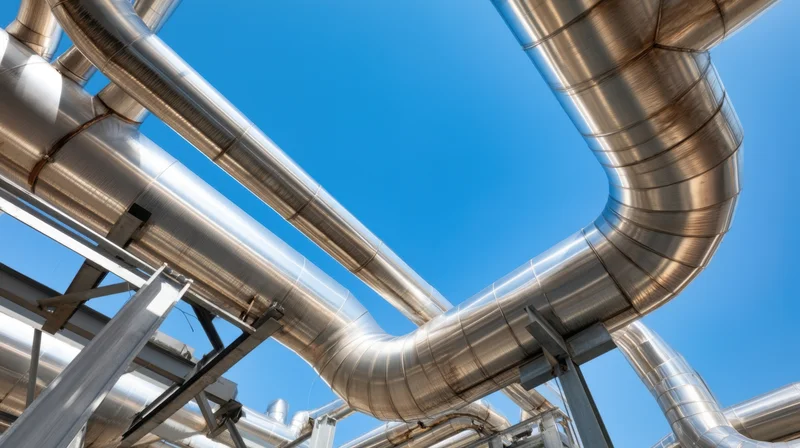 Stainless steel industrial pipes forming a network against a clear blue sky