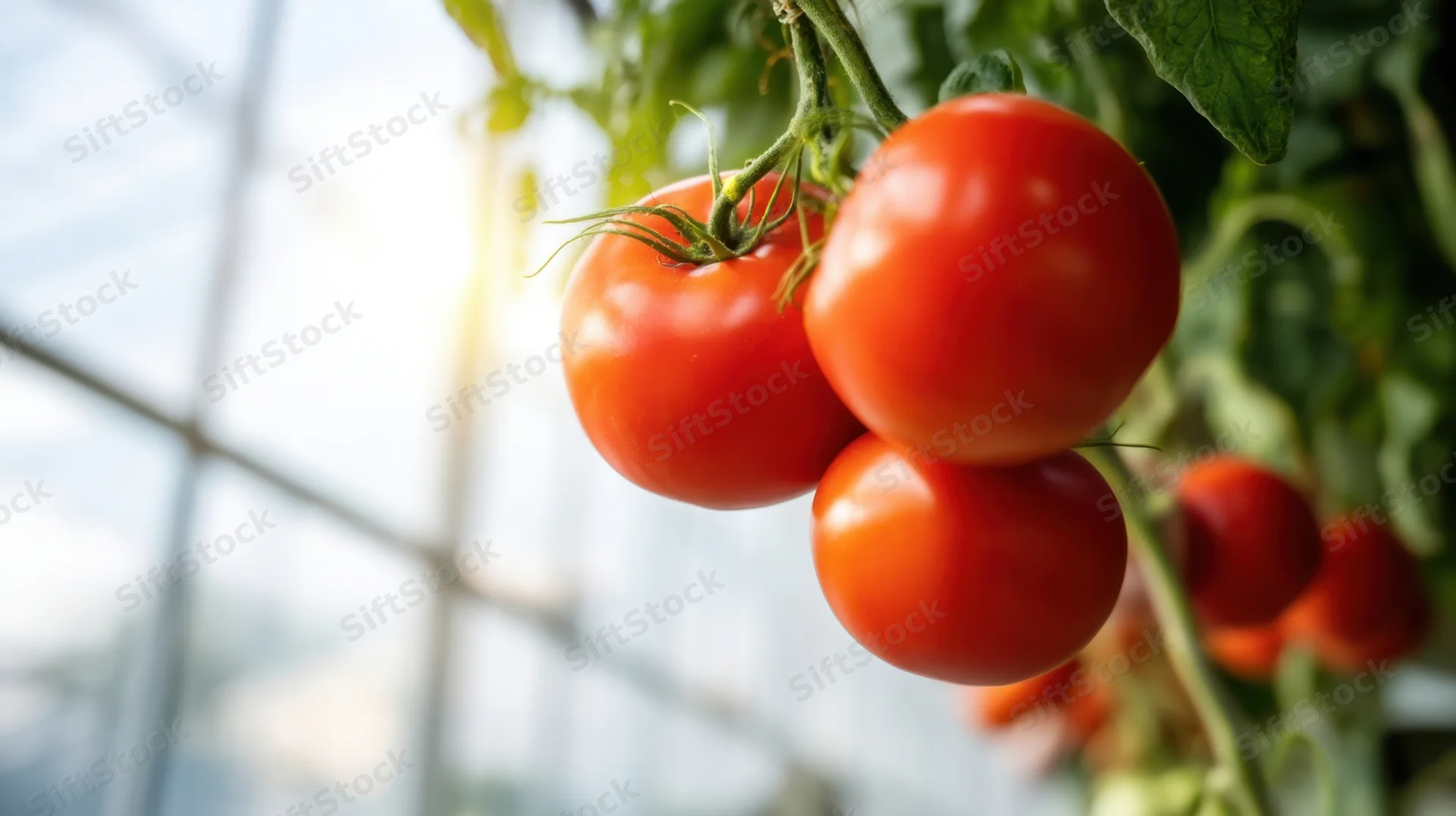 Ripe red tomatoes growing on a vine inside a greenhouse