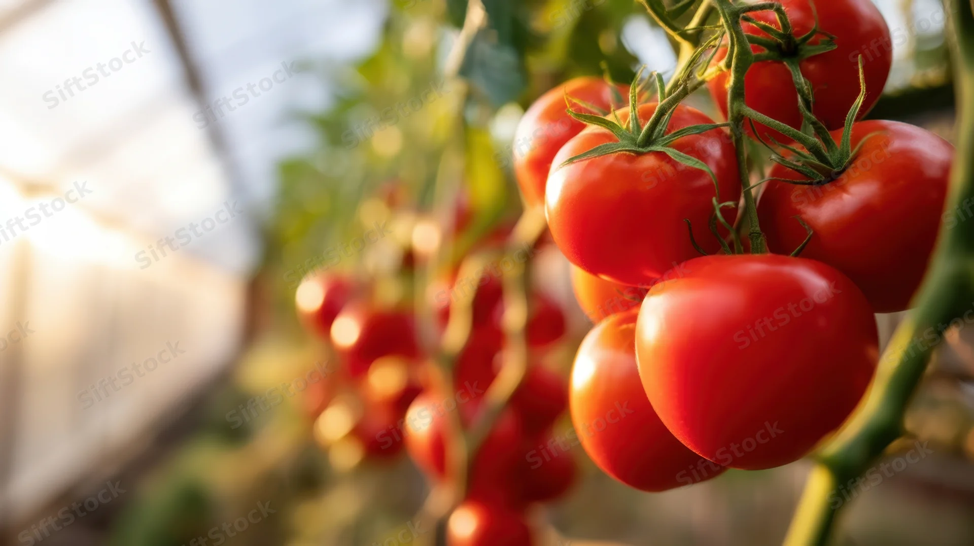 Ripe red tomatoes growing on a vine inside a greenhouse