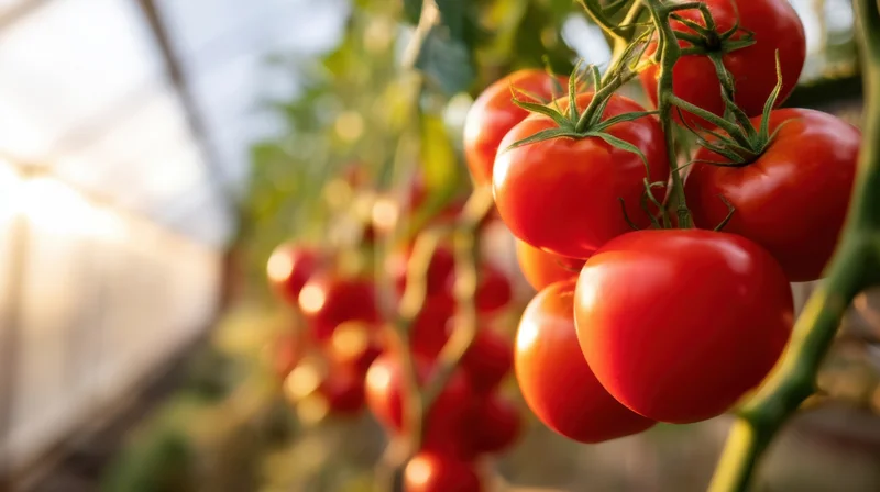 Ripe red tomatoes growing on a vine inside a greenhouse