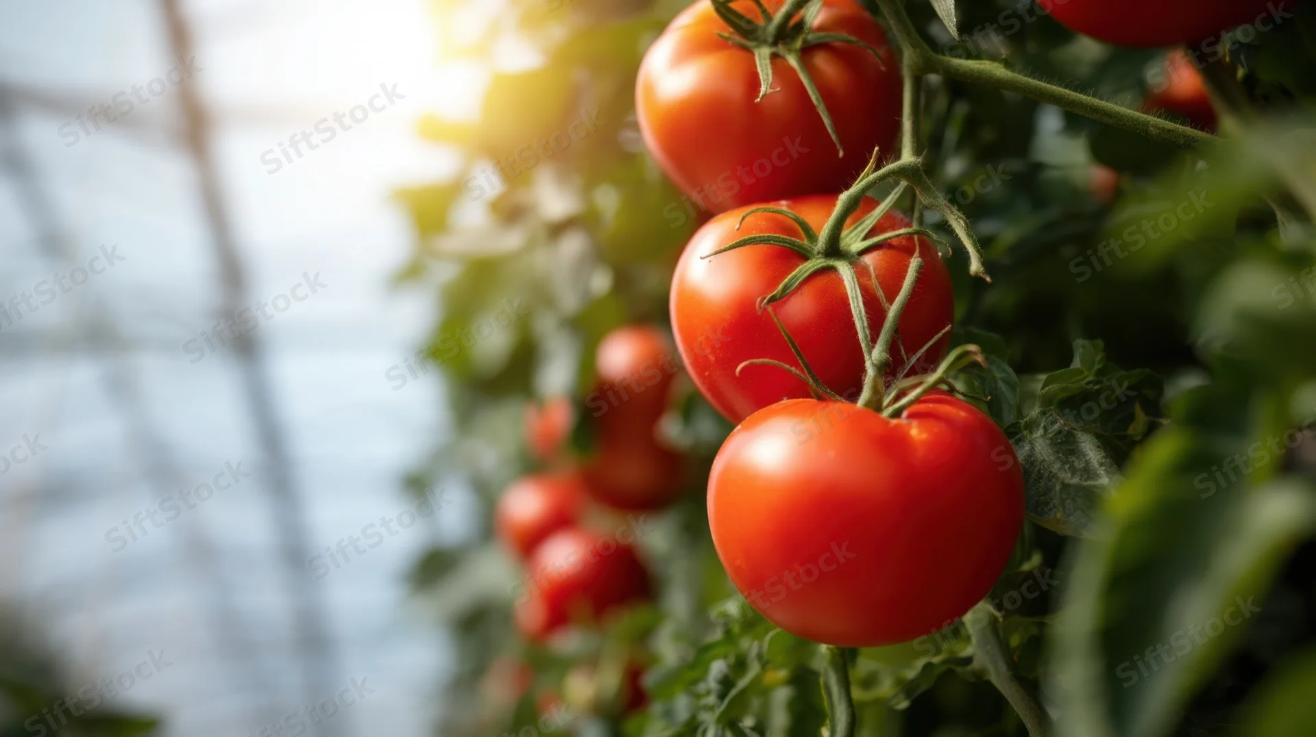 Ripe red tomatoes growing on a vine in a greenhouse with sunlight filtering through the structure