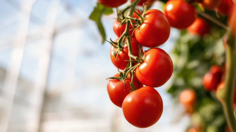 Ripe red tomatoes growing on a vine inside a greenhouse