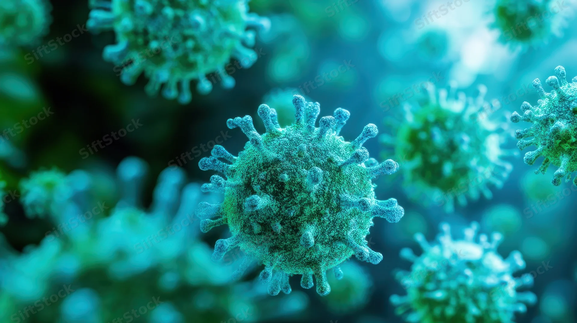 Magnified view of a coronavirus particle with spike proteins floating in a blue-green environment