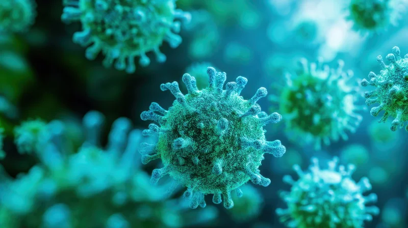 Magnified view of a coronavirus particle with spike proteins floating in a blue-green environment