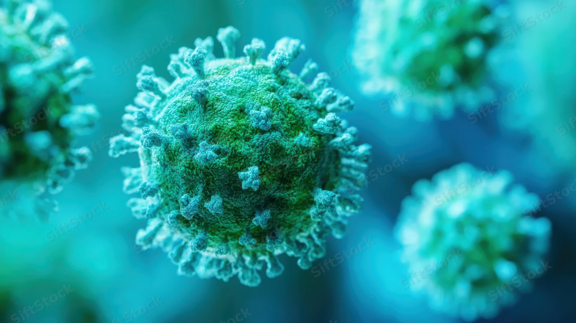 Close-up of a green virus particle with spike proteins floating in a blue background