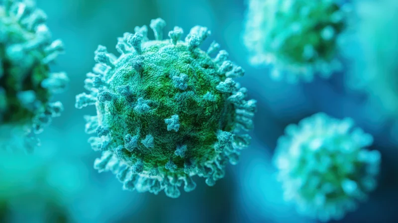 Close-up of a green virus particle with spike proteins floating in a blue background