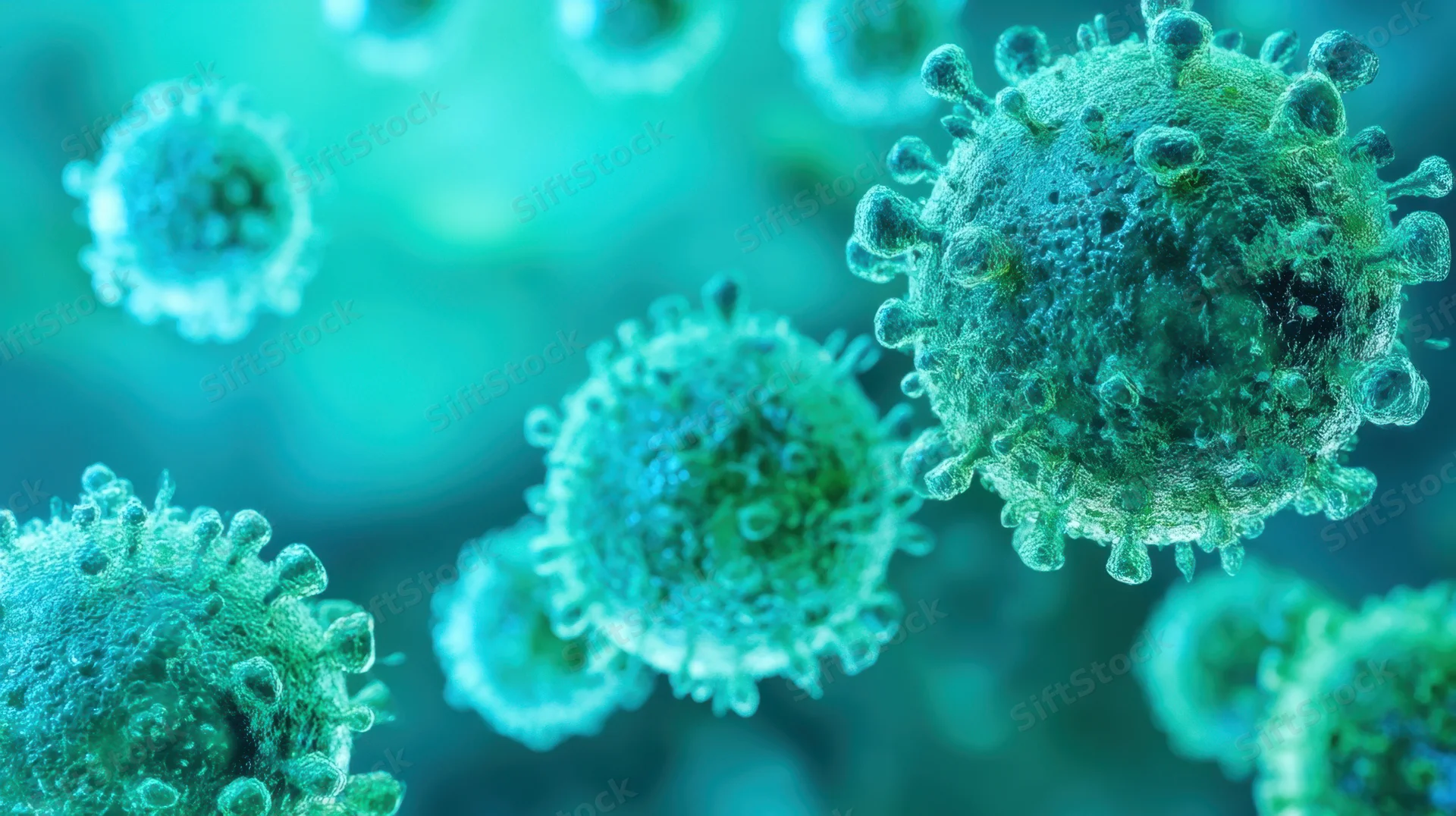Microscopic virus particles floating in a teal-blue digital environment