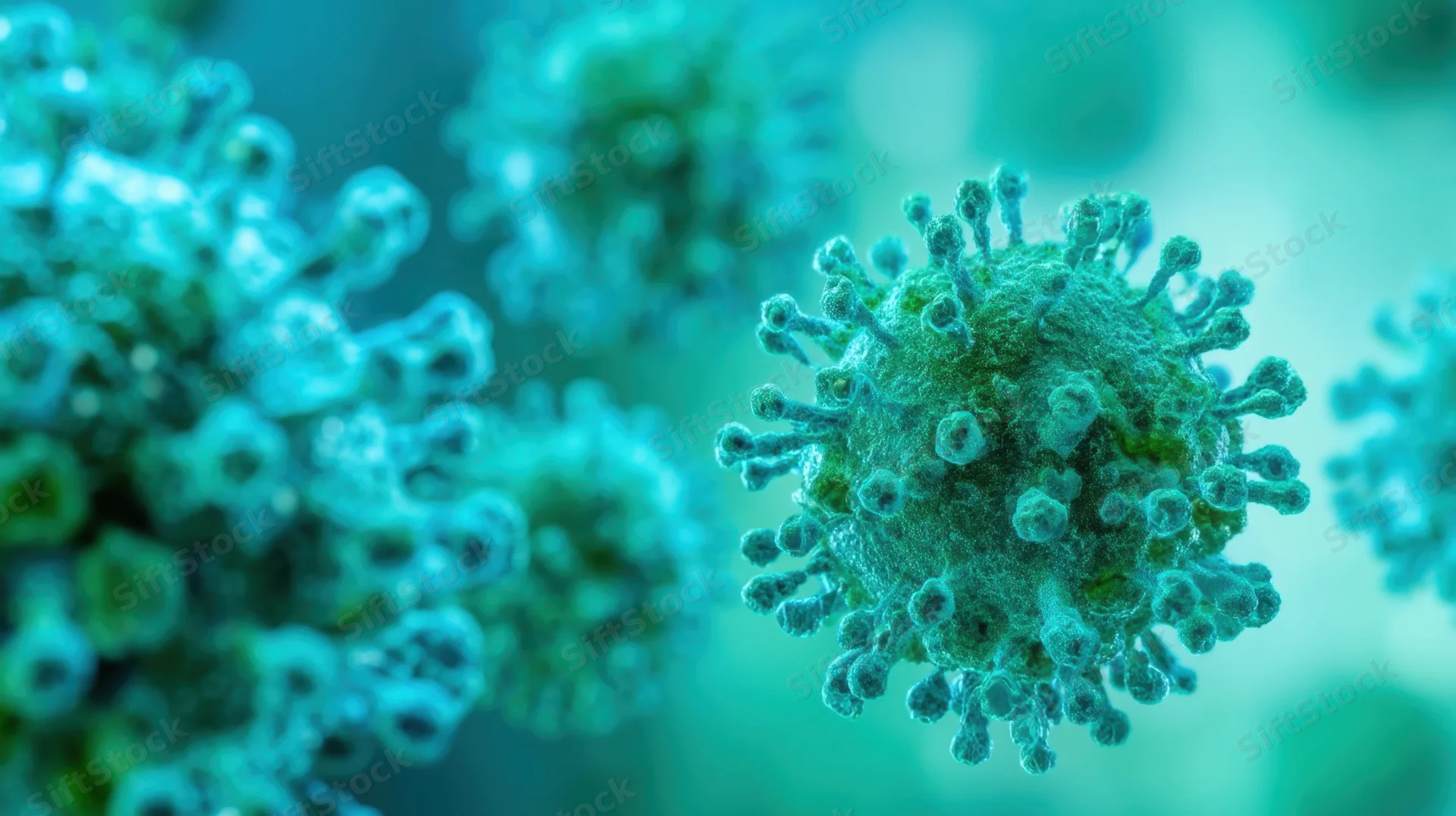 Magnified view of a coronavirus particle with spike proteins against a teal background