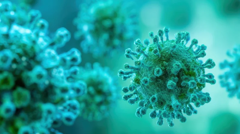 Magnified view of a coronavirus particle with spike proteins against a teal background