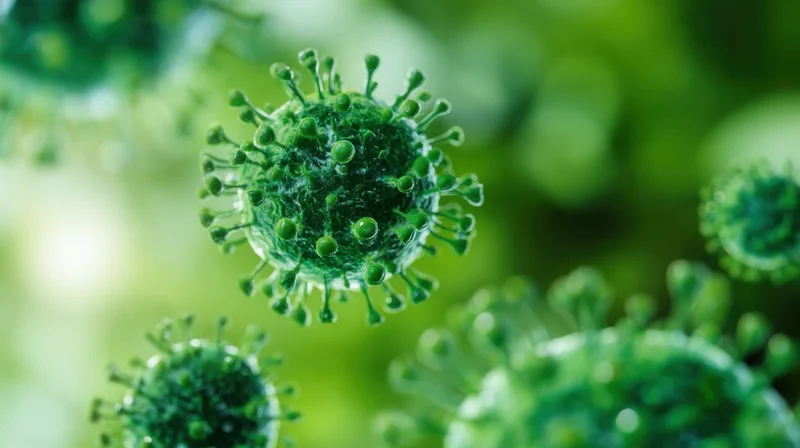 Green spherical virus particles with spike proteins floating in microscopic view