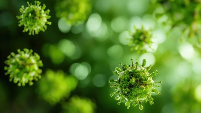 Green virus particles floating in a blurred natural background