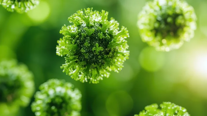 Closeup of broccoli florets in a garden setting with soft green background