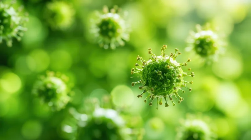 Green spherical virus particles with spiky surface floating in a blurred microscopic field