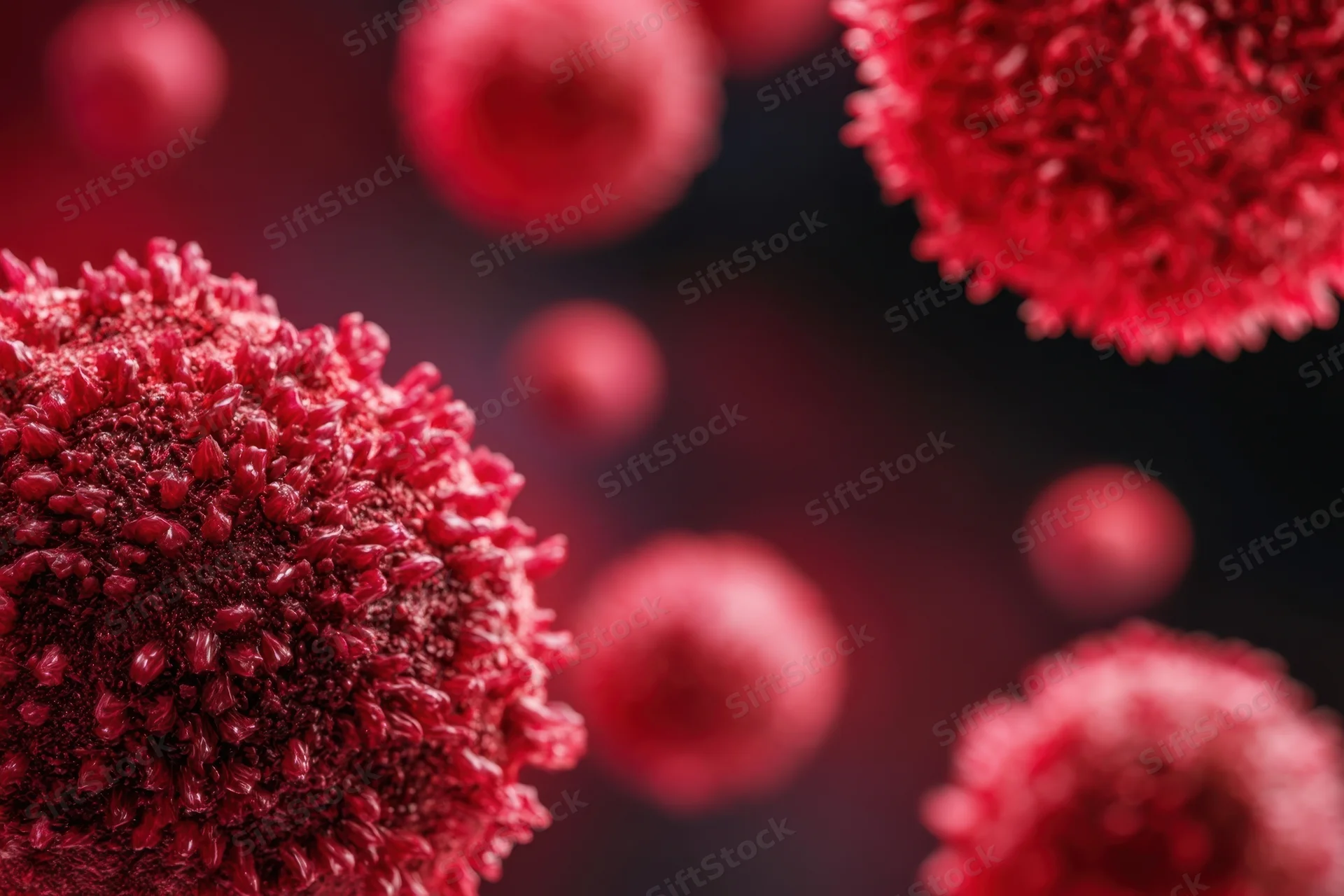Red virus particles with spike proteins floating in dark space under microscopic magnification