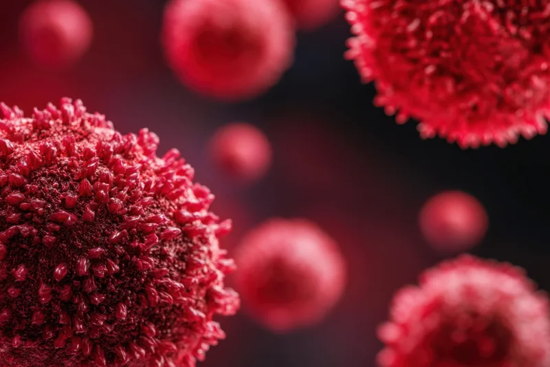 Red virus particles with spike proteins floating in dark space under microscopic magnification