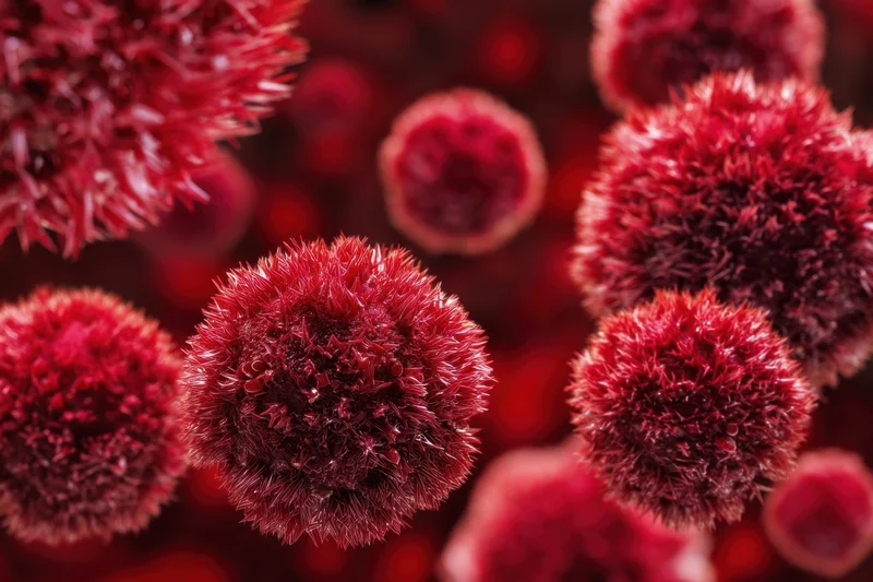 Spiky red virus particles floating in a microscopic view