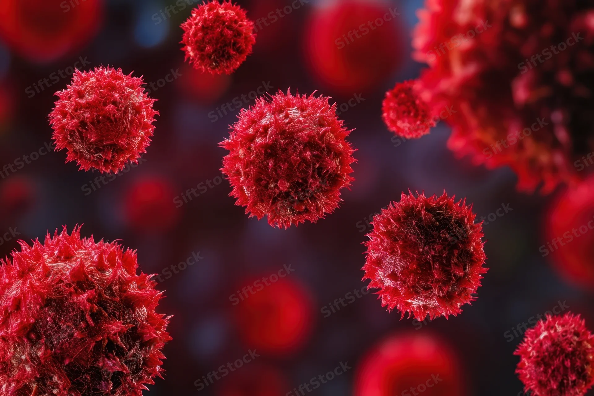 Red spiky virus particles floating in a dark microscopic environment