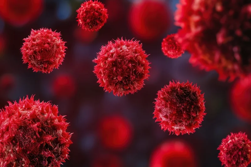 Red spiky virus particles floating in a dark microscopic environment