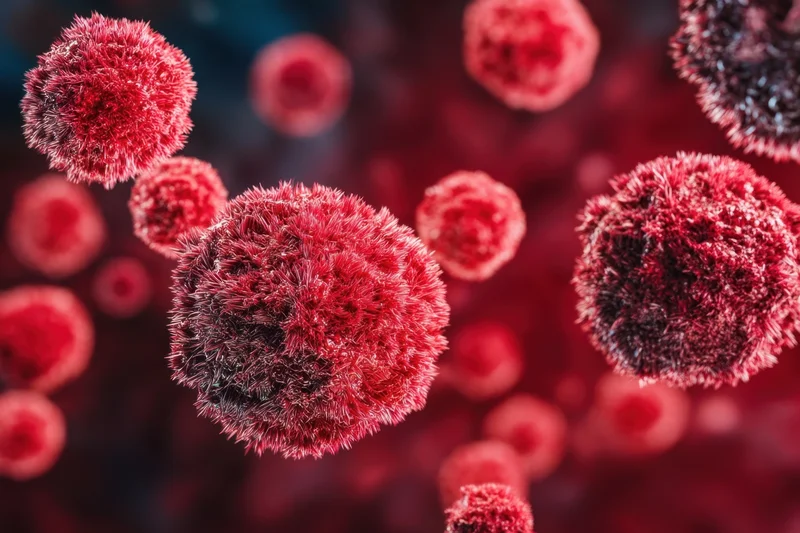 Red spiky virus cells floating in a microscopic view