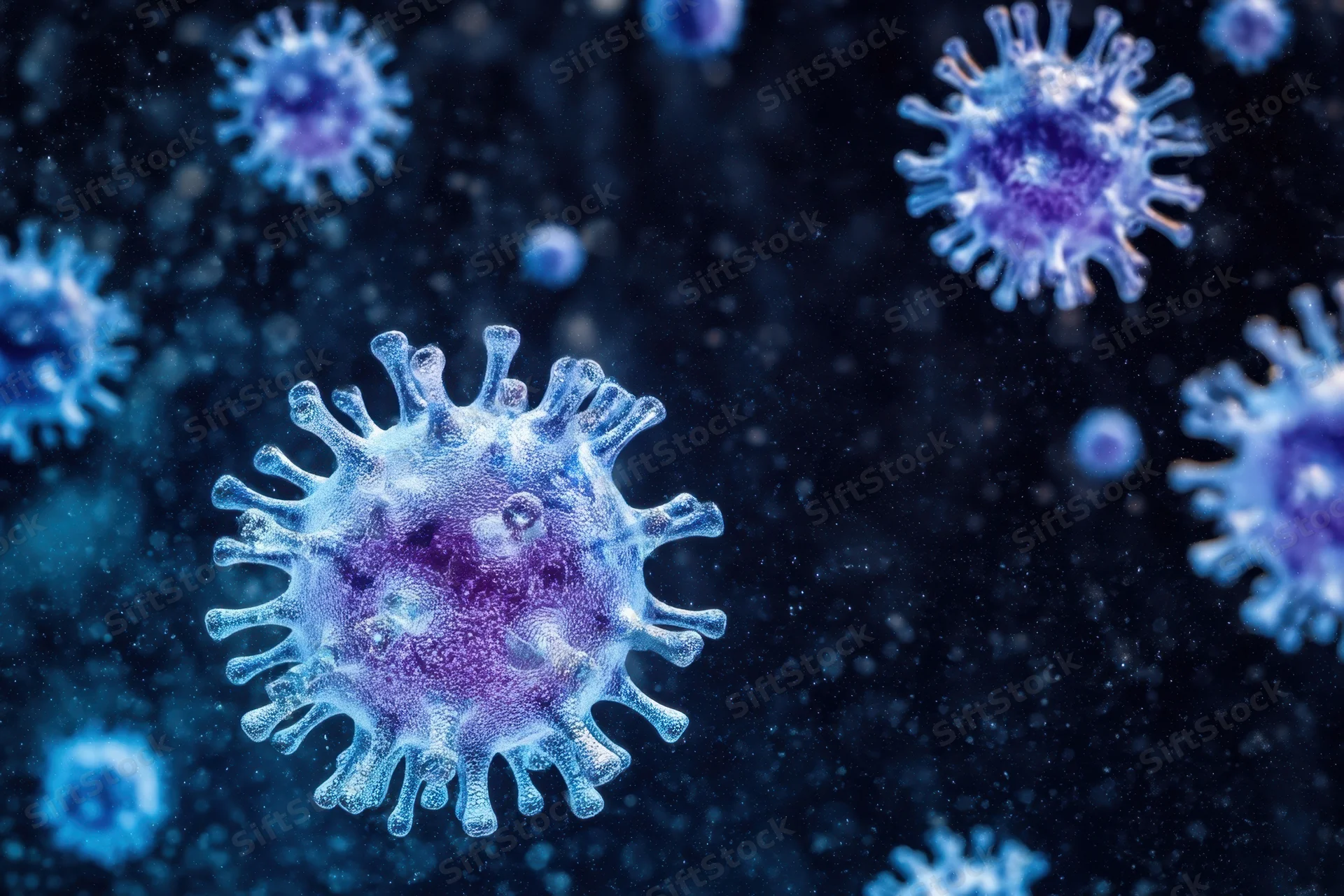Microscopic virus particles with spike proteins floating in dark blue space