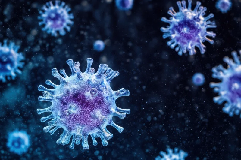 Microscopic virus particles with spike proteins floating in dark blue space