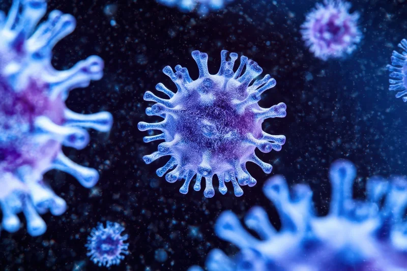 Virus particles with spike proteins floating in dark space