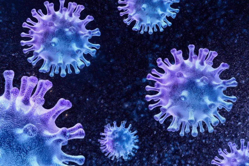 Microscopic virus particles floating in dark space with blue and purple highlights