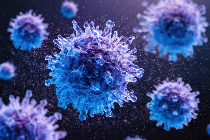 Microscopic virus particles floating in dark space with blue and purple hues