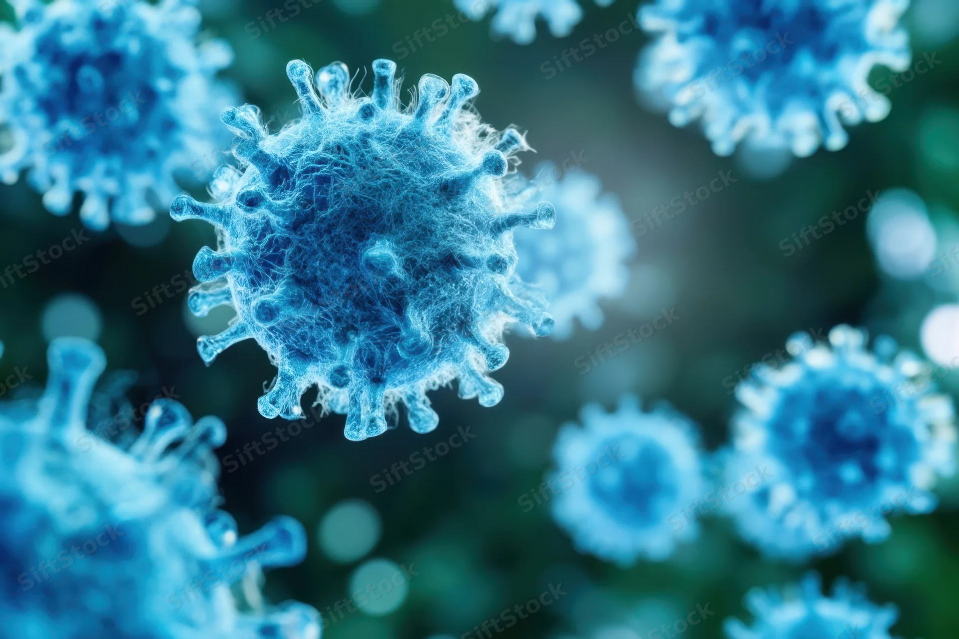 Blue virus particles with spike proteins floating in a microscopic view
