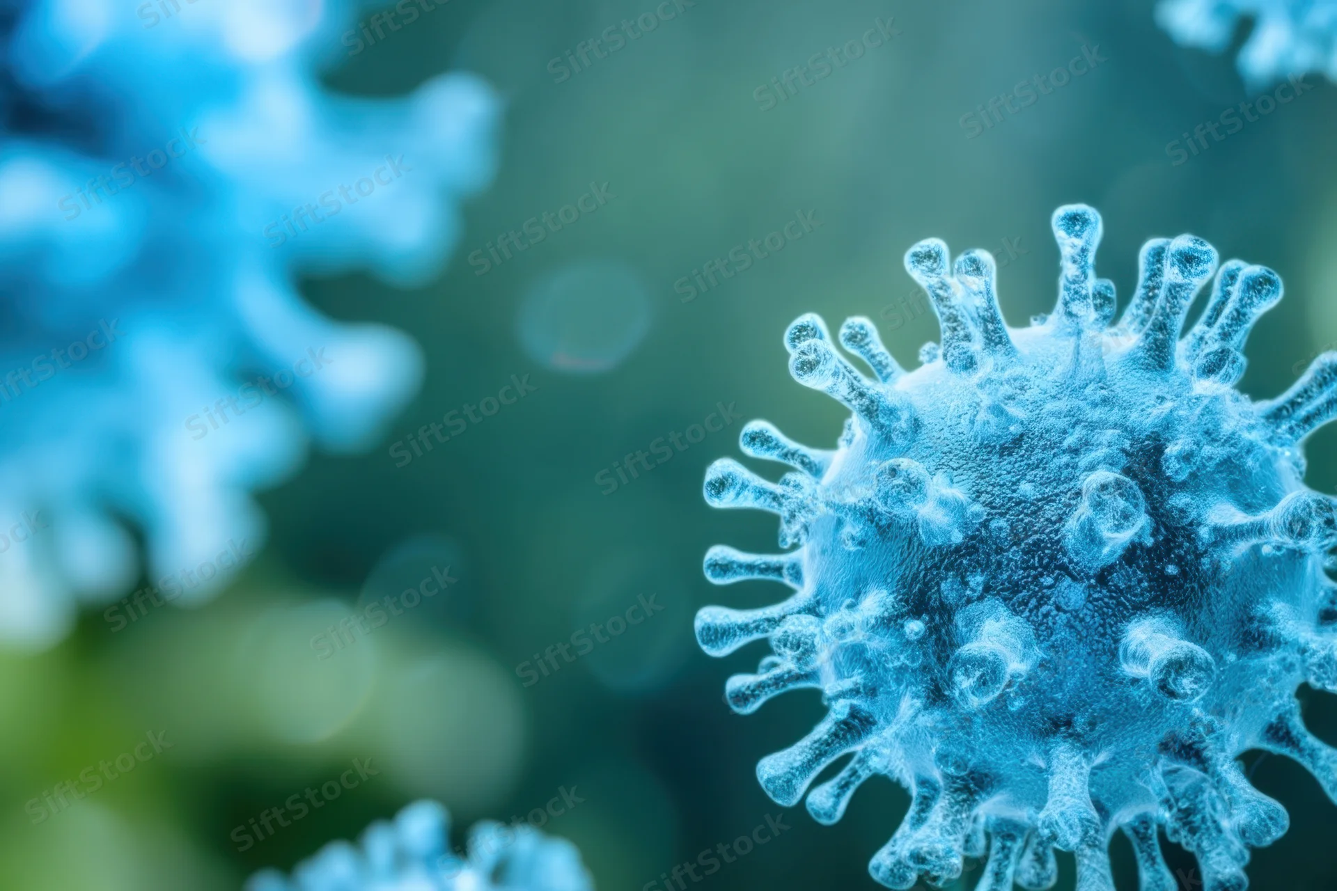 Closeup of a blue coronavirus particle with spike proteins against a blurred green background
