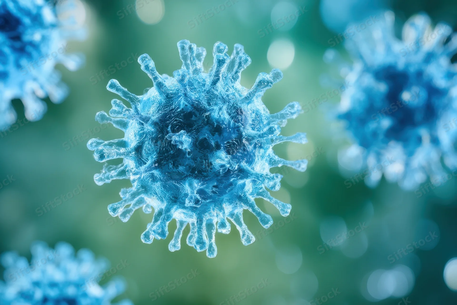 Blue coronavirus particles with spike proteins floating against a green bokeh background