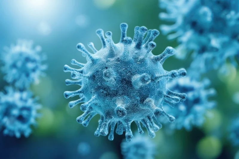 Close-up of a blue virus particle with spike proteins floating in a microscopic environment