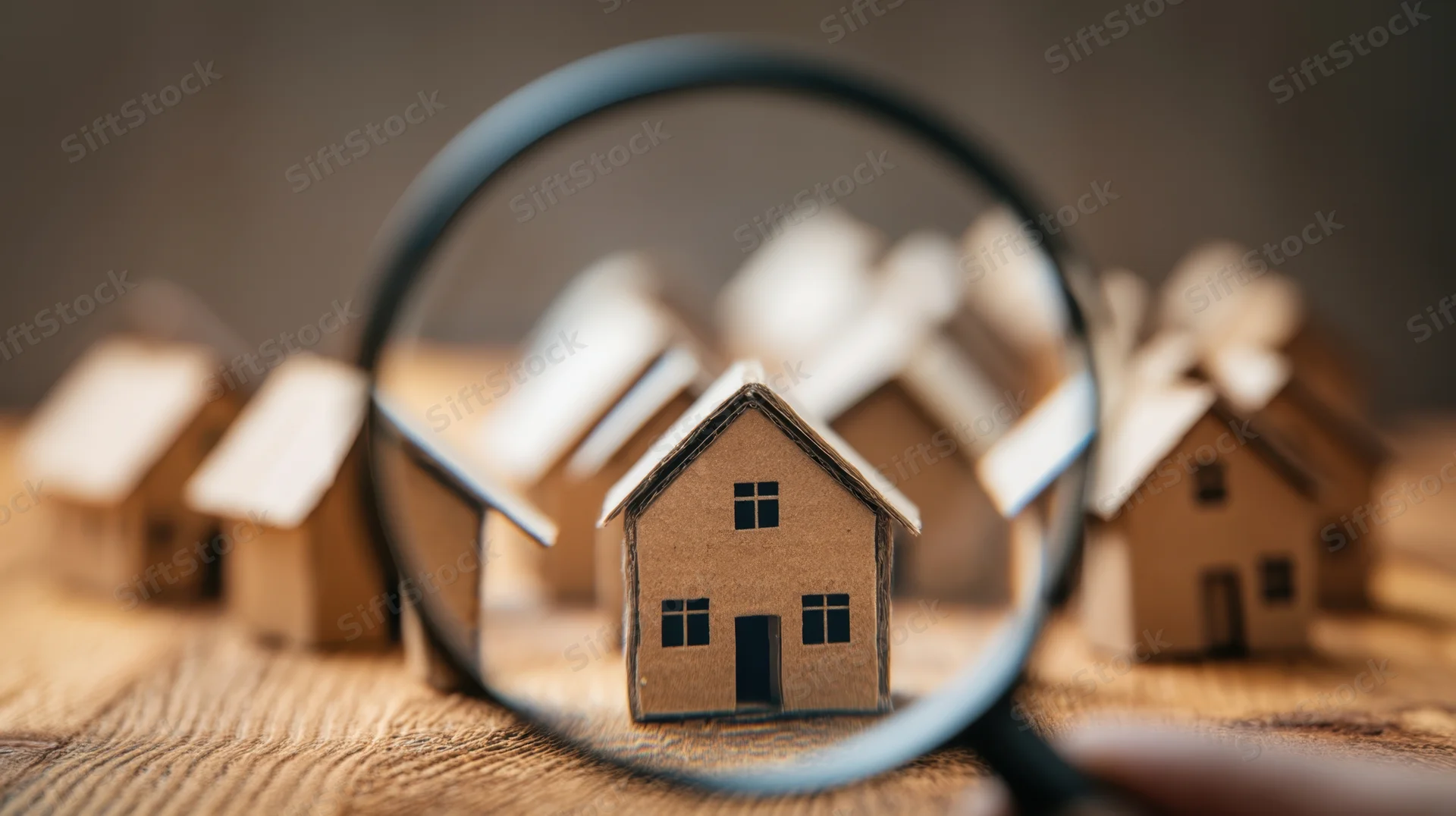 Magnifying glass over a miniature house model on a wooden surface with other houses in the background