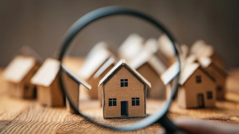 Magnifying glass over a miniature house model on a wooden surface with other houses in the background