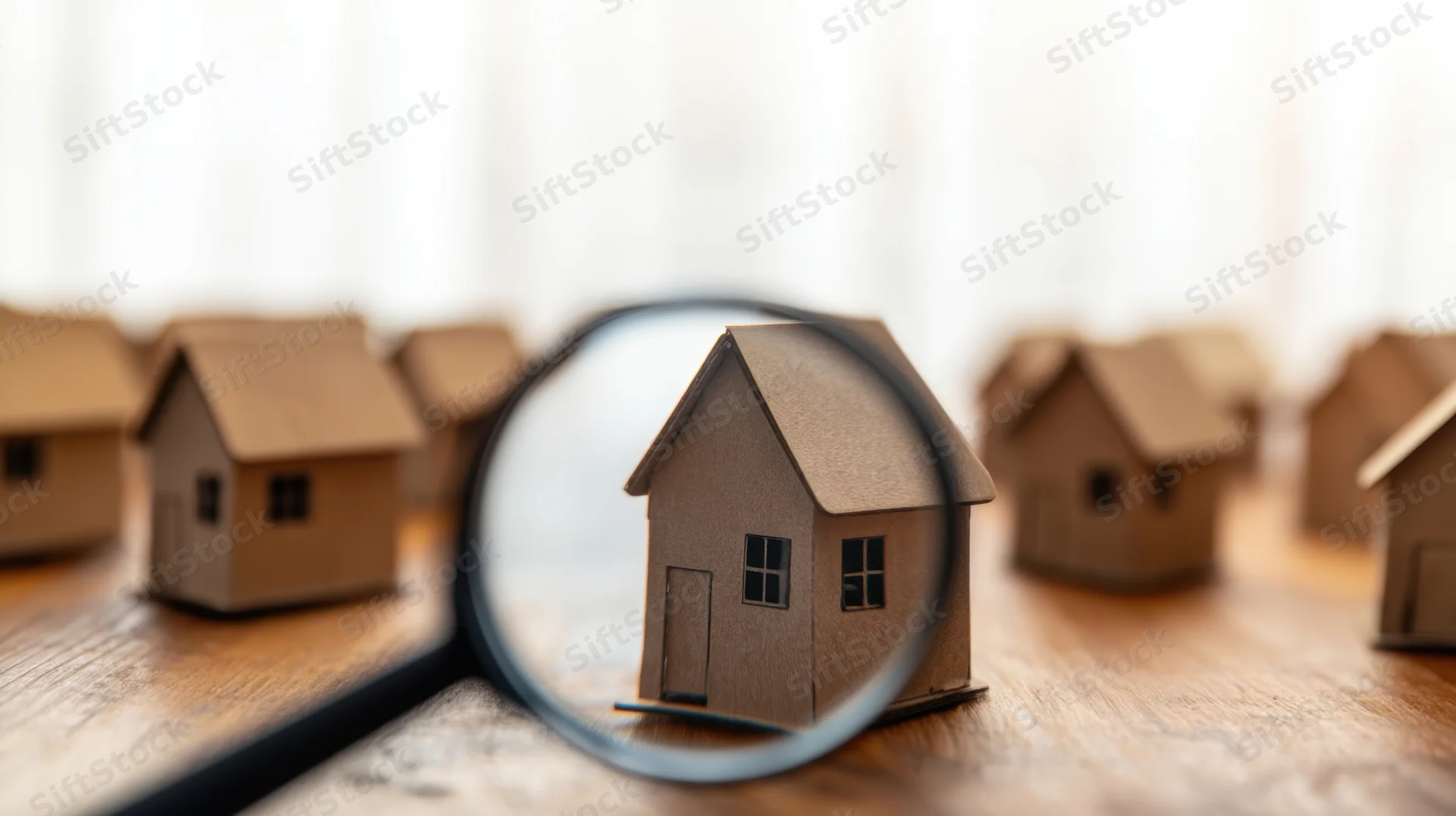Magnifying glass over a miniature house on a wooden table with other houses blurred in the background