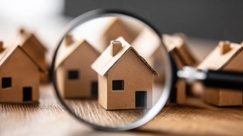 Magnifying glass over a cardboard house model on a wooden surface with other miniature houses around