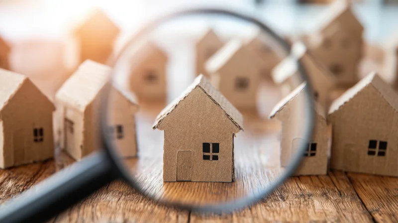 Magnifying glass over miniature cardboard house on wooden table with other houses in background