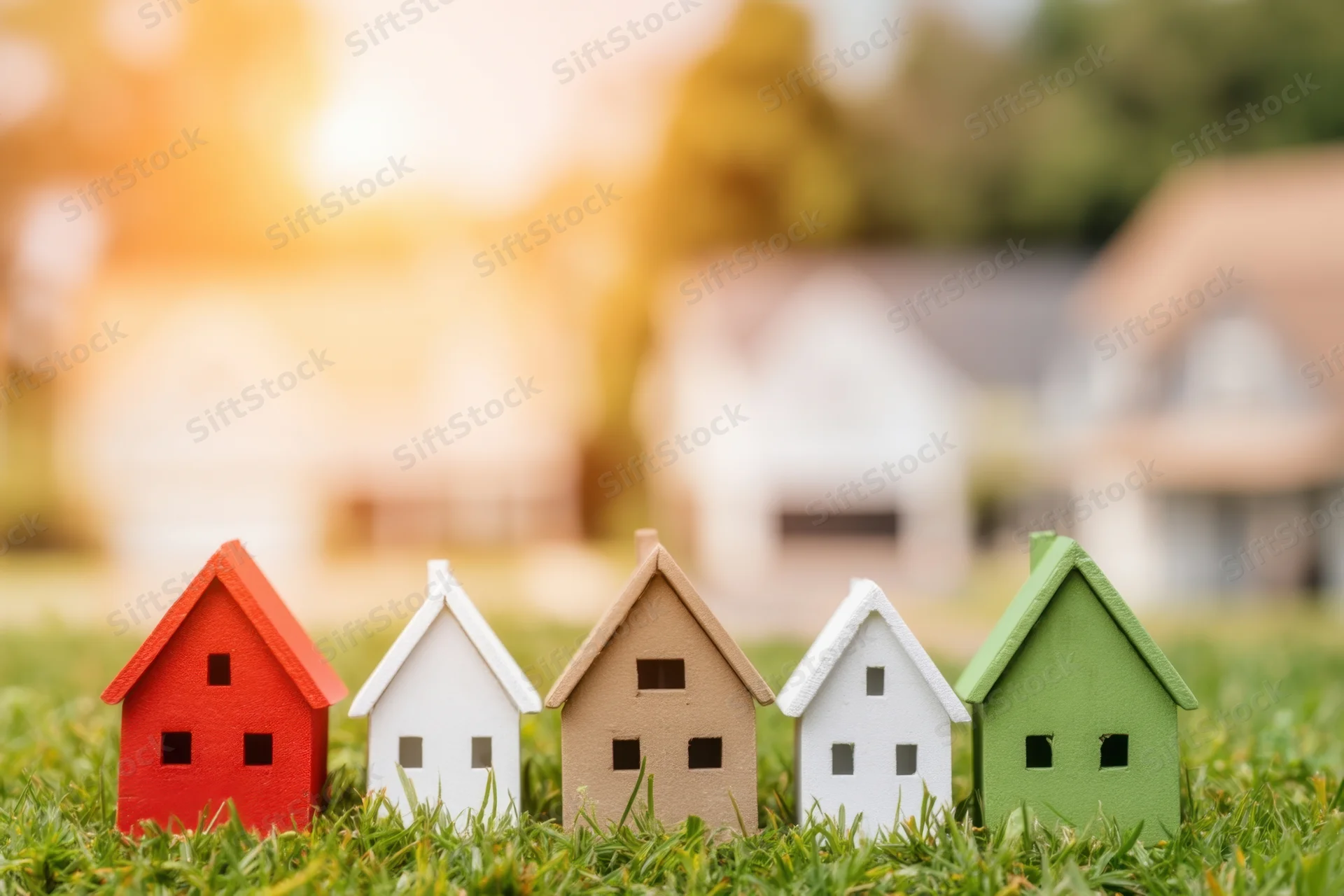 Miniature houses arranged in a row on green grass with blurred outdoor background