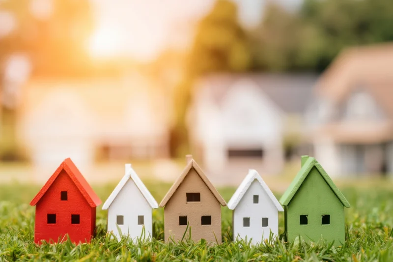 Miniature houses arranged in a row on green grass with blurred outdoor background