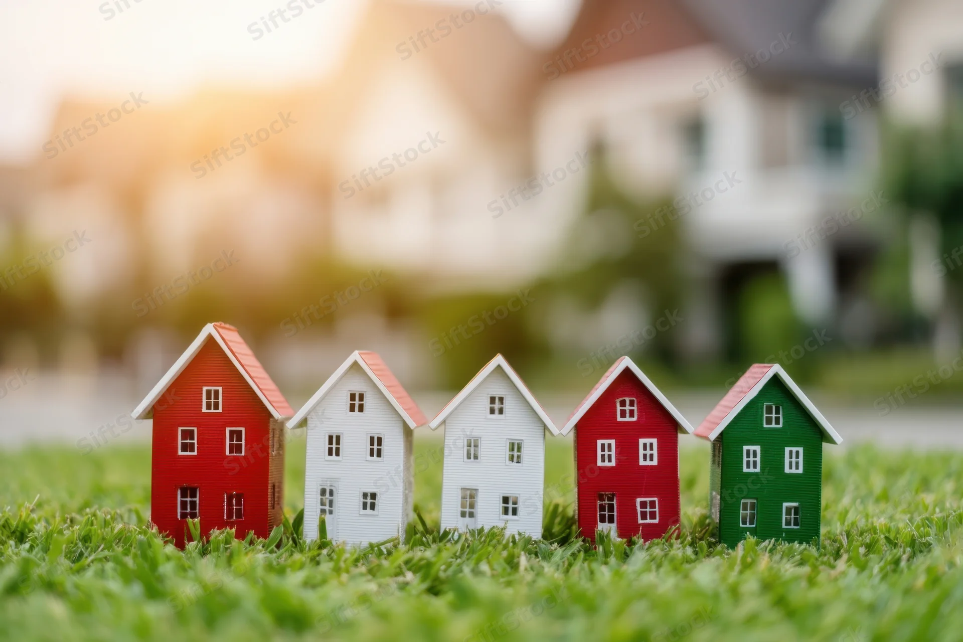 Miniature houses arranged in a row on green grass with blurred residential background