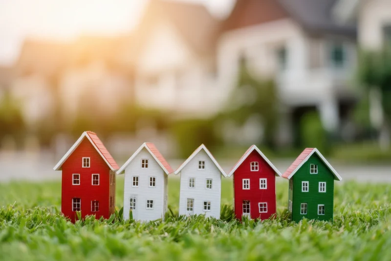 Miniature houses arranged in a row on green grass with blurred residential background