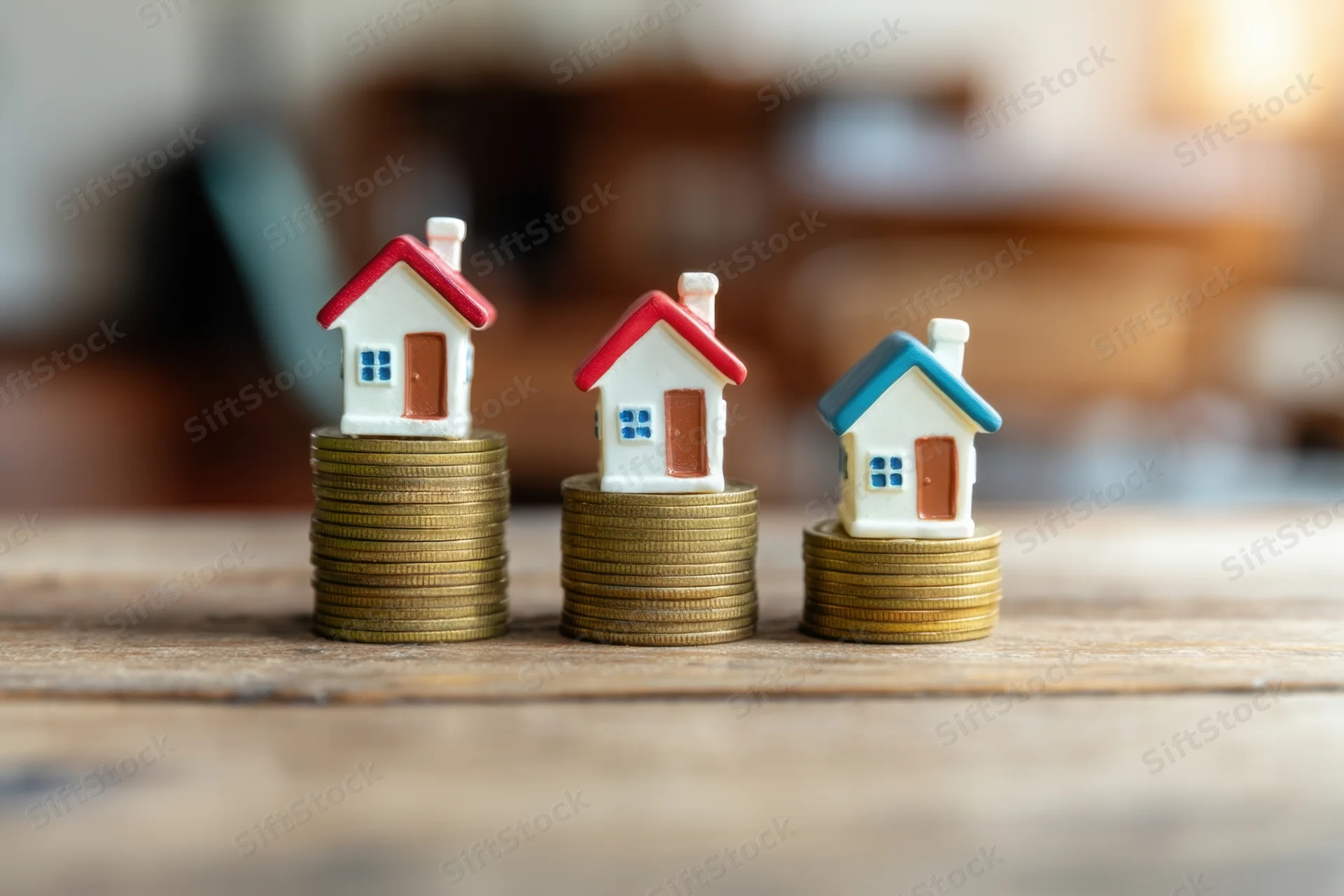 Three miniature houses on stacks of coins arranged on a wooden surface