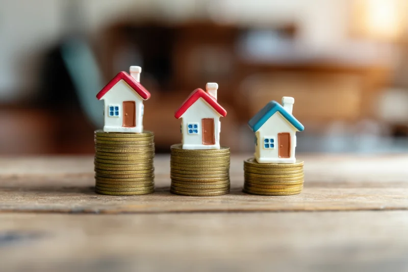 Three miniature houses on stacks of coins arranged on a wooden surface